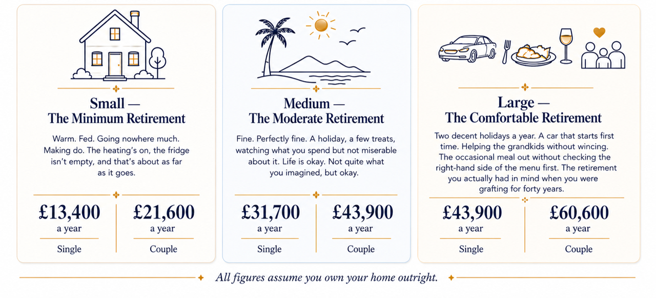 Infographic entitled “What Size Retirement Do You Want?” comparing three retirement lifestyles: Small, Medium and Large, with annual income needed for single people and couples. Small: £13,400 single, £21,600 couple. Medium: £31,700 single, £43,900 couple. Large: £43,900 single, £60,600 couple. Assumes home ownership outright.